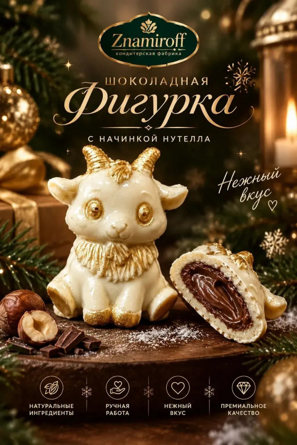 №1 Шоколад фигурный "Мультяшный козлик" белый шоколад с начинкой нутелла(блок 5шт по 70г) в Рубцовске