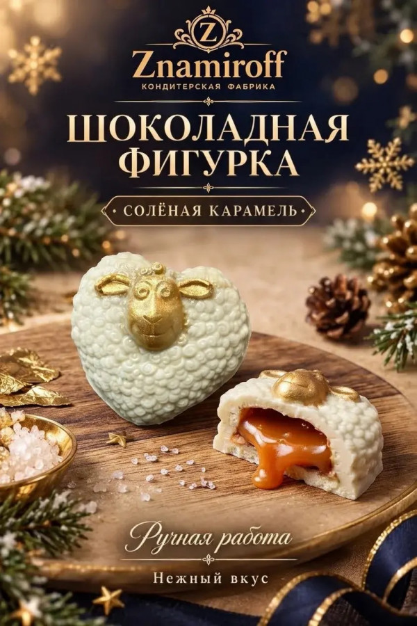 №1 Шоколад фигурный "Овечка-сердечко" белый шоколад с начинкой солёная карамель(блок 5шт по 70г) в Рубцовске